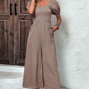 Brown & White Puff Sleeve Jumpsuit